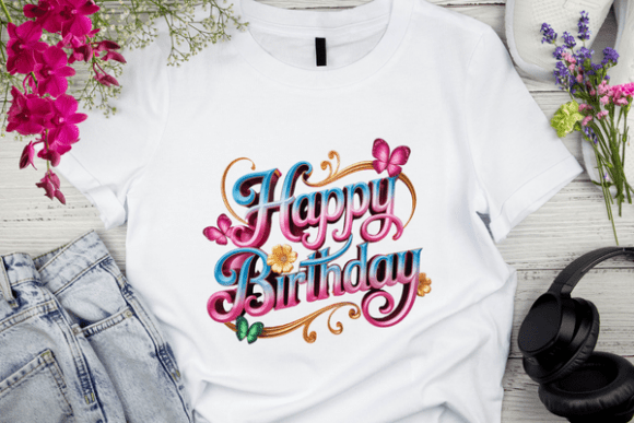 3D Happy Birthday Text with Flowers gold