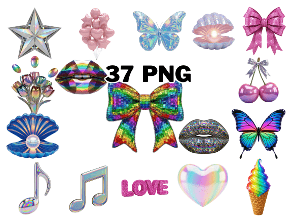 Vibrant Holographic Chrome 3D Icon Set